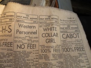 Old newspaper with classified ads showing jobs for women